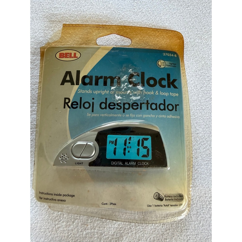 Bell Digital Alarm Clock Black Silver 37034-8 Lighted Travel Mountable 2006